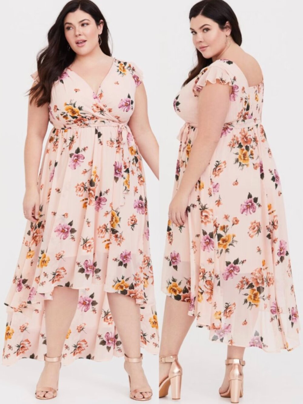 TORRID 3 Plus Size Blush Pink Floral Chiffon Hi-Lo Dress Midi - Maxi Coquette 3X